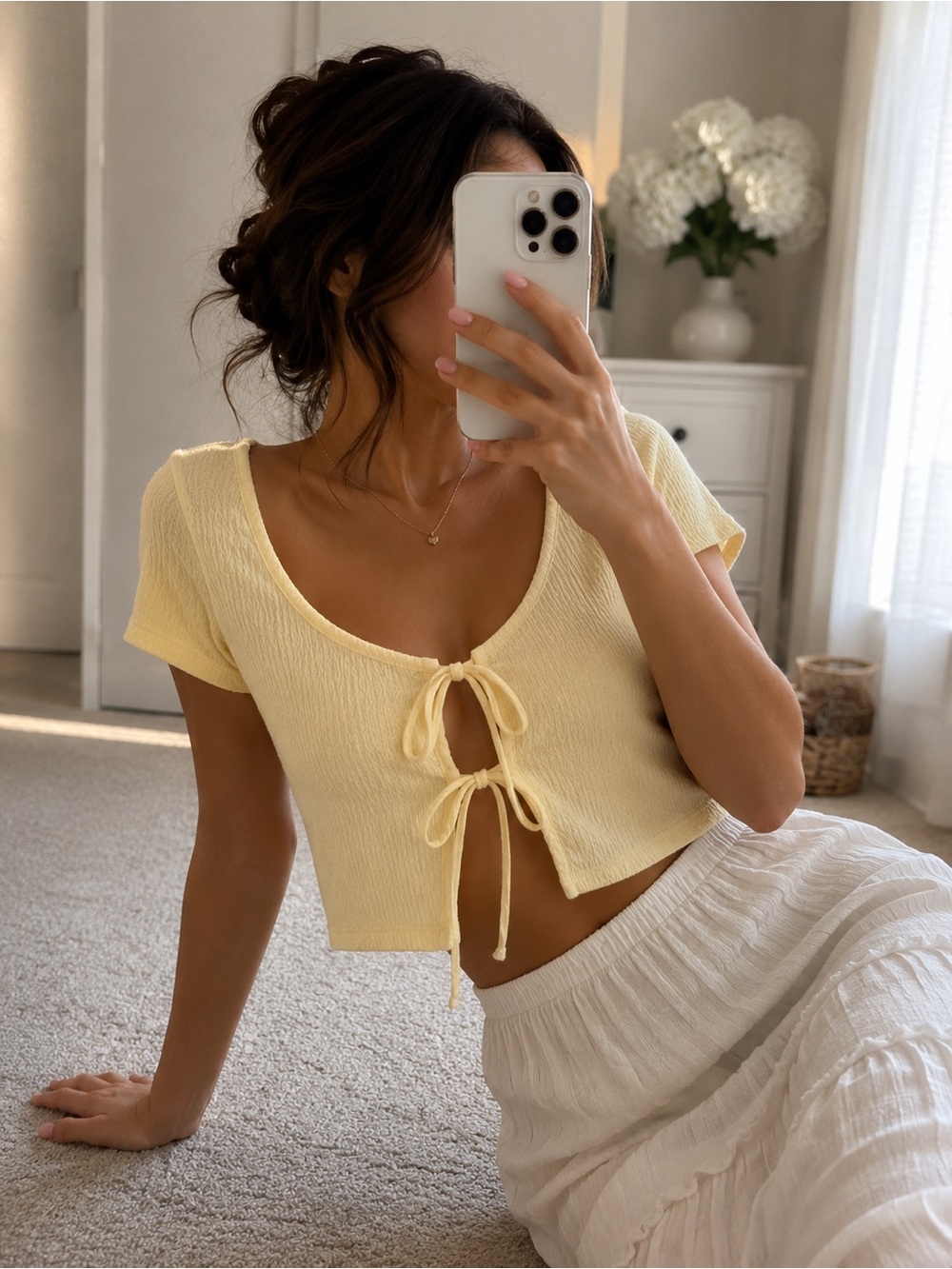 Cotton On Butter Yellow Tie Front Textured Crop Top | Size Small | Cottagecore C